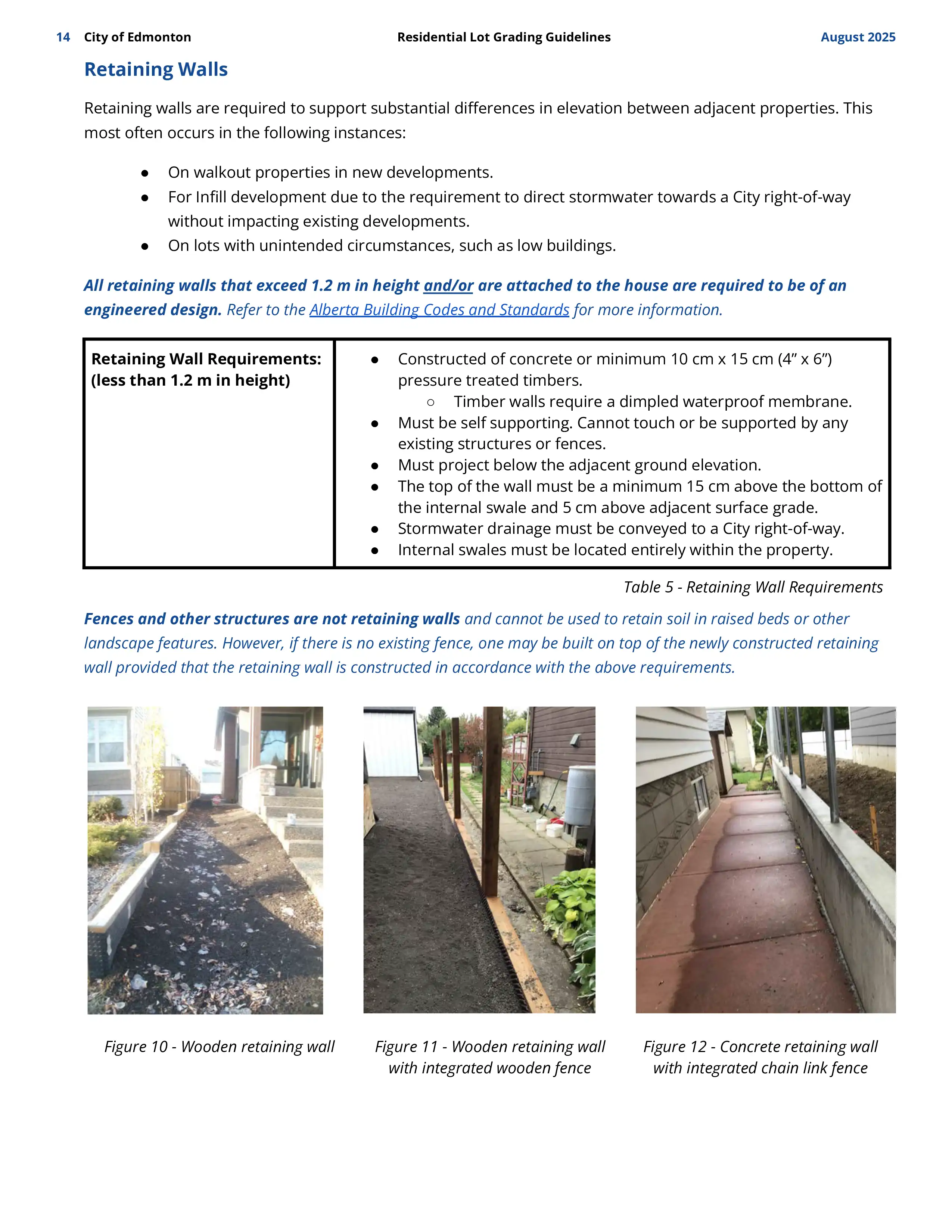 City of Edmonton Residential Lot Grading Guidelines page showing retaining wall requirements, Table 5