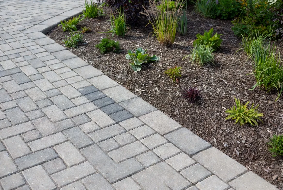 Paving stone meeting a planted bed in Edmonton — hardscape and softscape supply-and-install detail